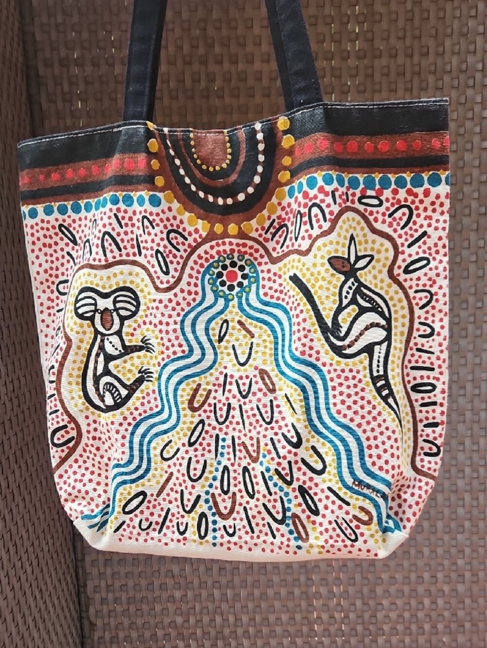 Muralppli Gallery Hand-Painted Cream Tote  Multicolor Aboriginal Dot Art